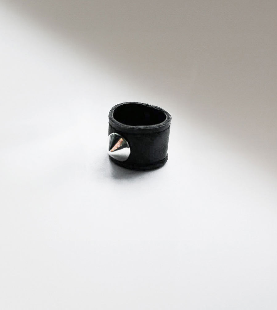 Silver Spike Thorn Ring, Black Vegan Leather Double Layer Ring